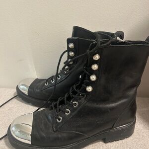 Zara Black Leather Combat Boots with Pearl Accent Eyelets & Silver Toe